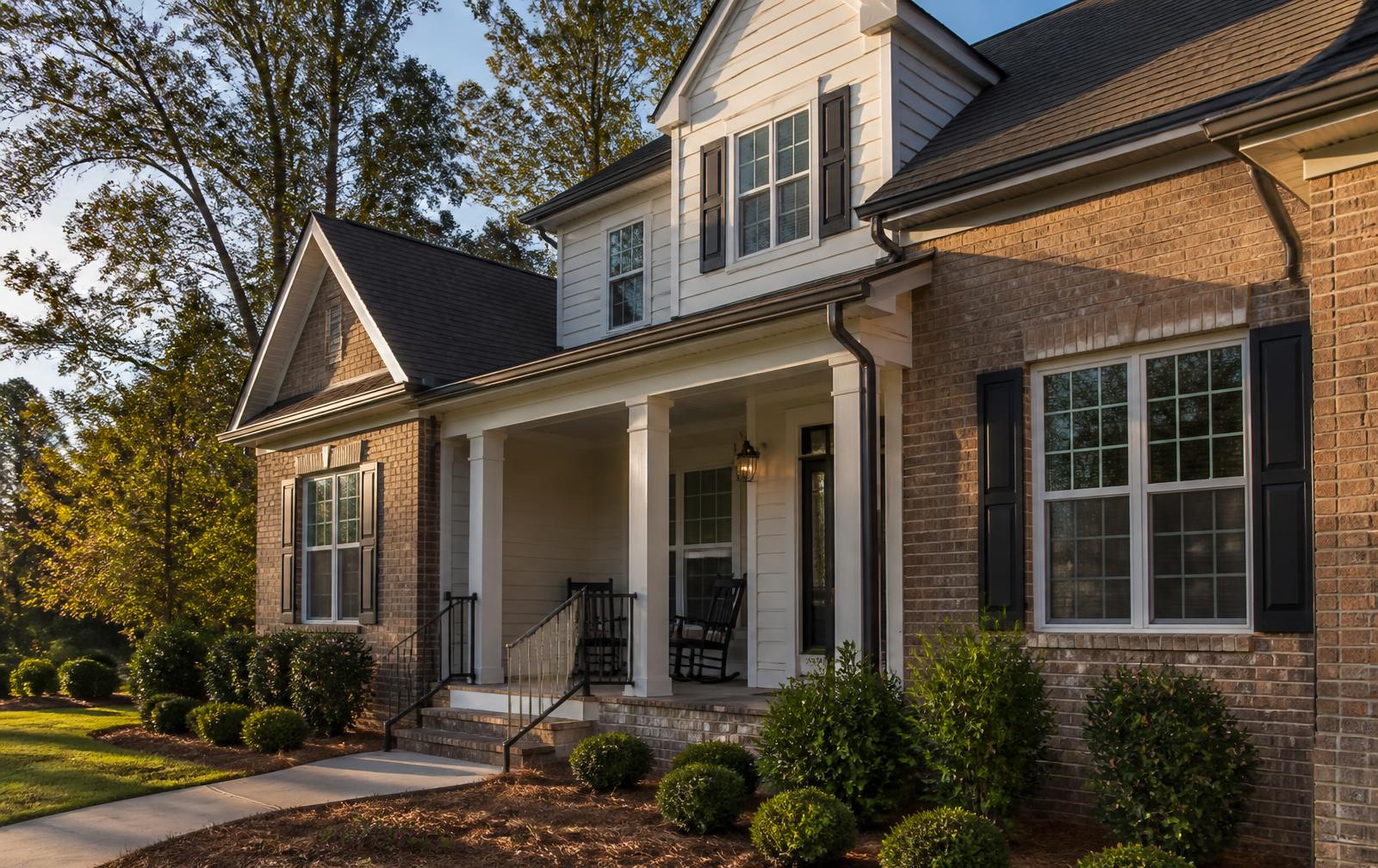 Brick Spartanburg home with new dark bronze seamless aluminum gutters along the roofline